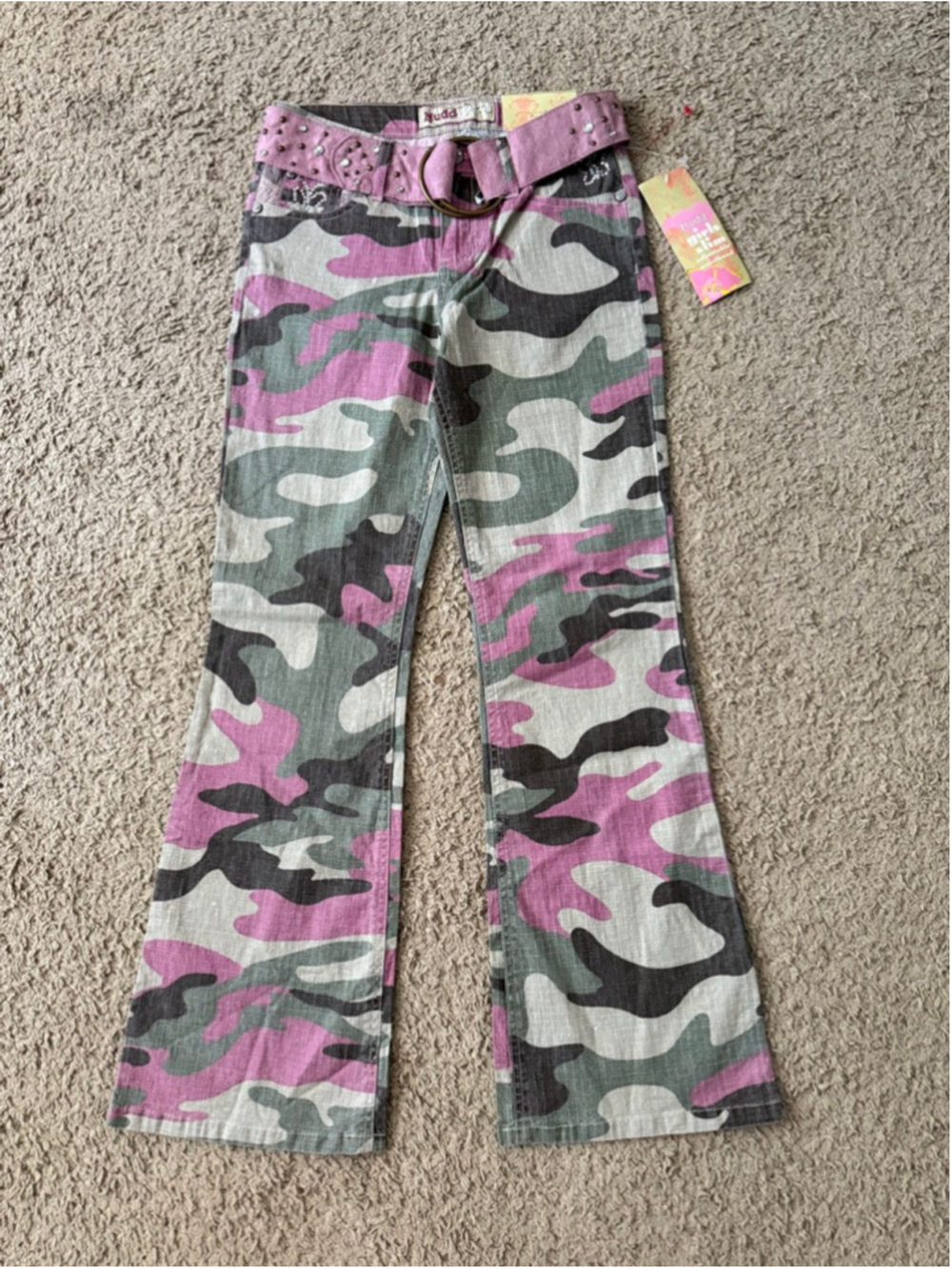 Girls Mudd Jeans 12 Pink Green Camo Flare Adjustable Waist Y2K